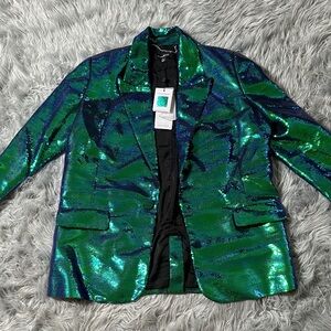 NADINE MERABI Iridescent Green and Blue Sequin Blazer